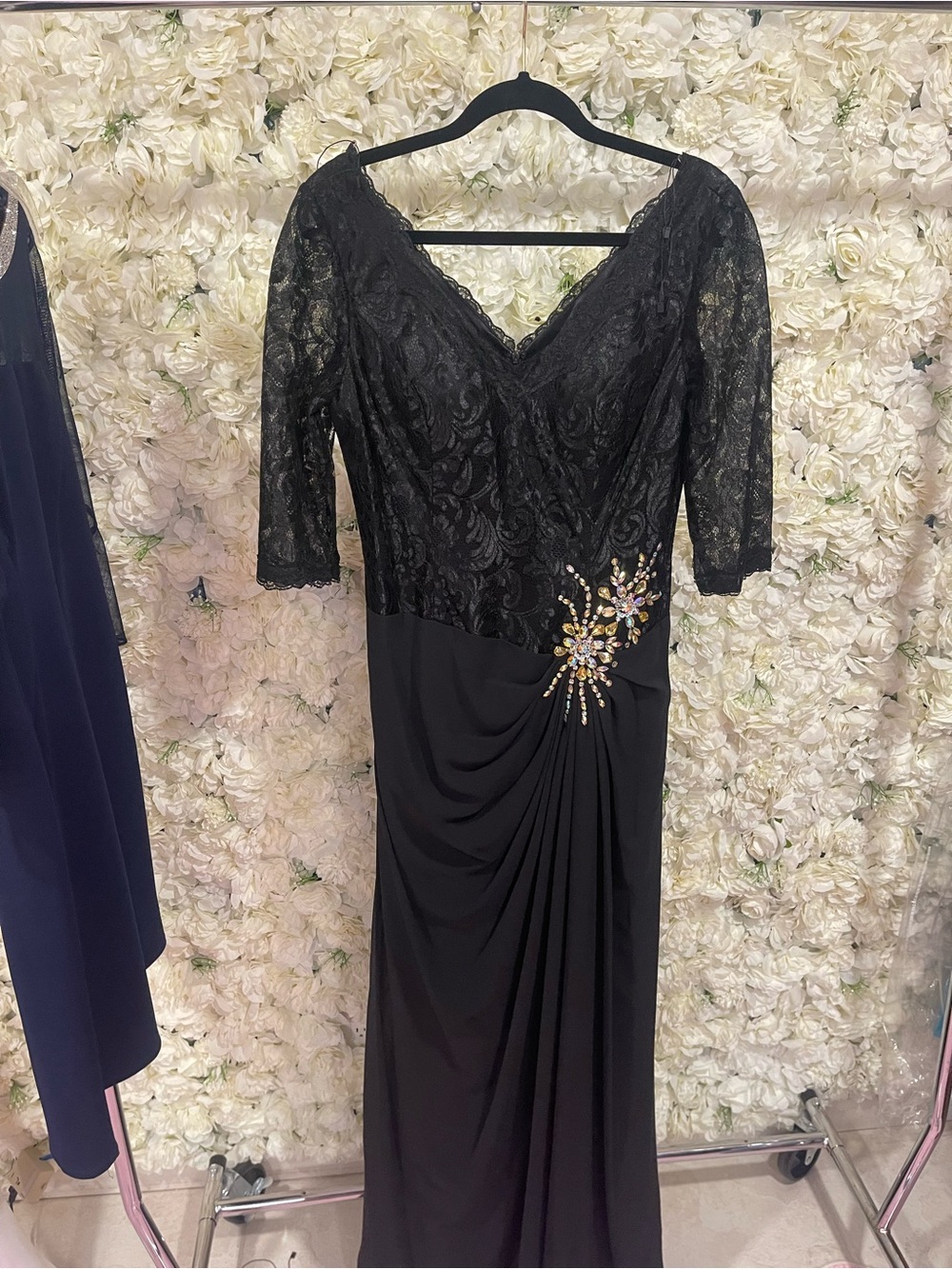 Dancing Queen Black Lace V-Neck Evening Gown with Jeweled Accent